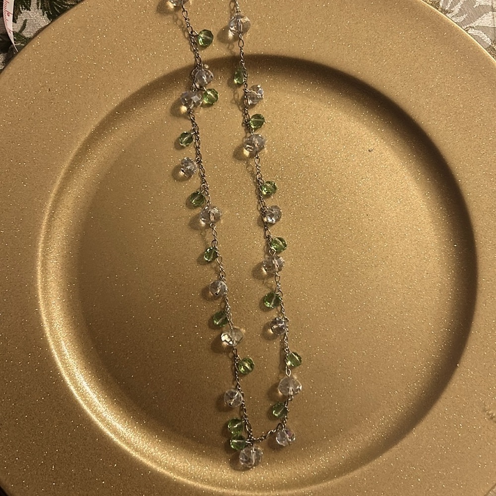 Elegant Set of Green & Clear Crystal Beads on Silver Chain; Matching Earrings - Picture 10 of 12